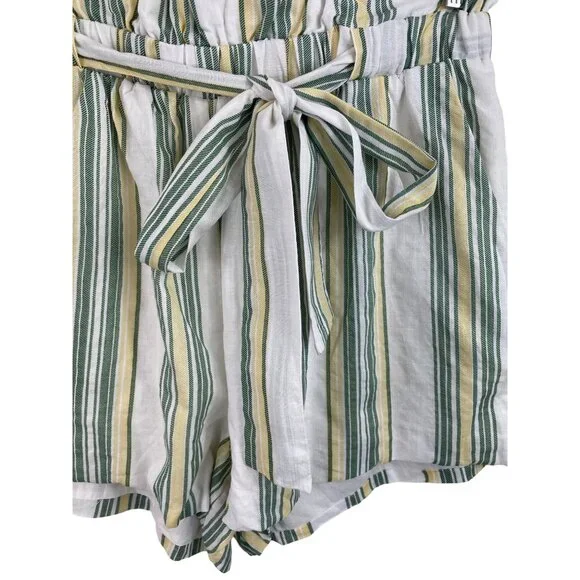 Hummingbird Paper Bag Shorts Lined Tie Waist Green Yellow Striped Womens Size L - Picture 5 of 10